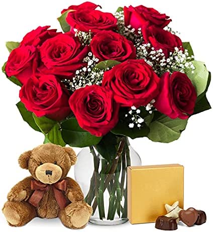 From You Flowers - One Dozen Red Roses & Chocolate & Teddy Bear with Free Vase (Fresh Flowers)
