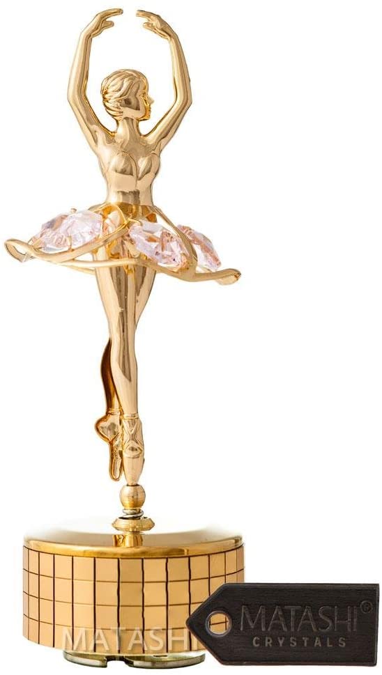 Matashi 24k Gold Plated Ballet Dancer Wind-Up Music Box with Pink Crystals, Home Bedroom Decor Tabletop Ornaments Gift for Musician Wife Mom on Mother's